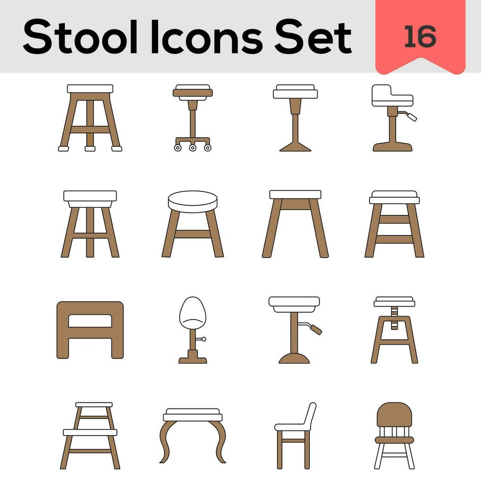 Set Of Stool And Chair Icon In Brown And White Color. vector