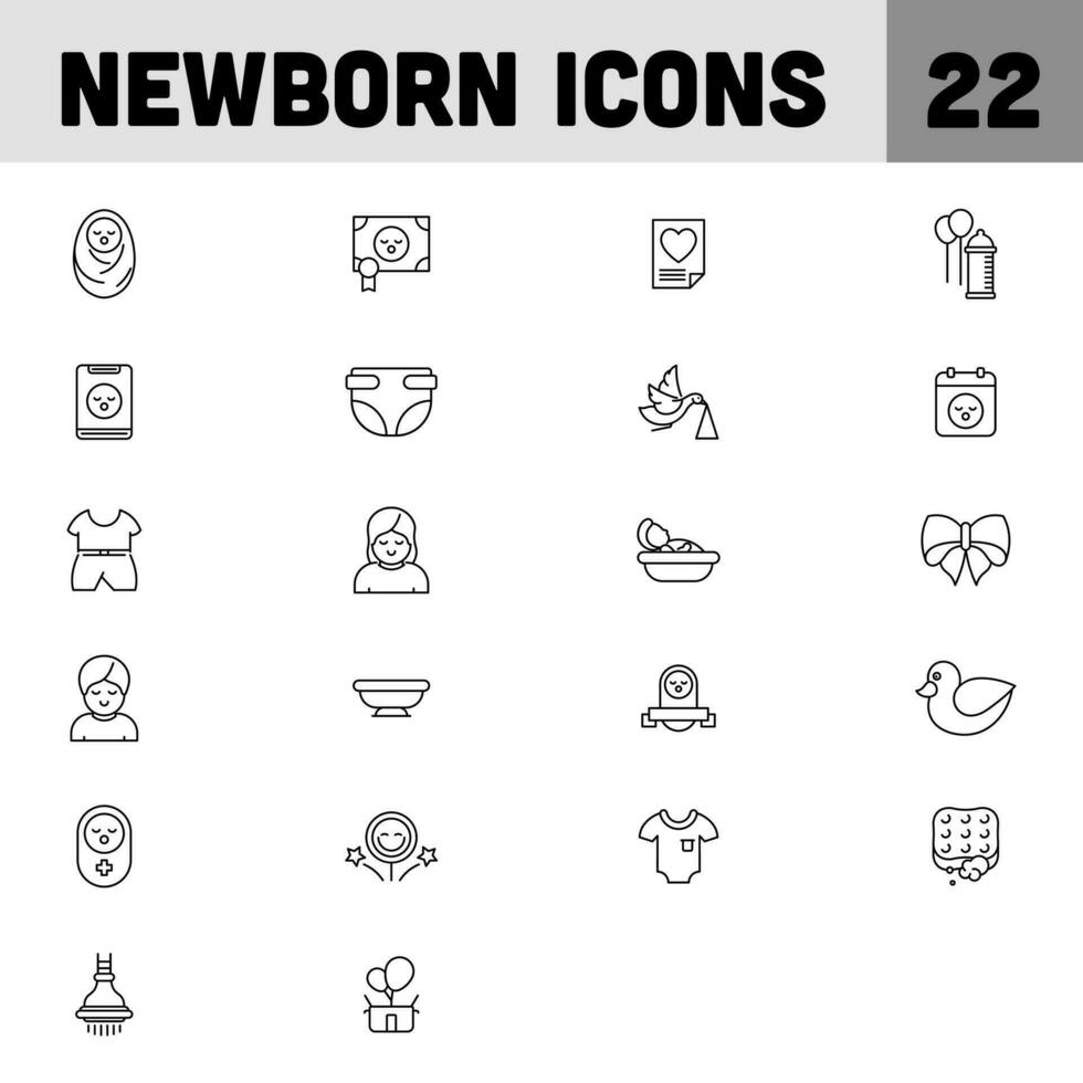 22 recién nacido o bebé icono conjunto en negro línea Arte. vector