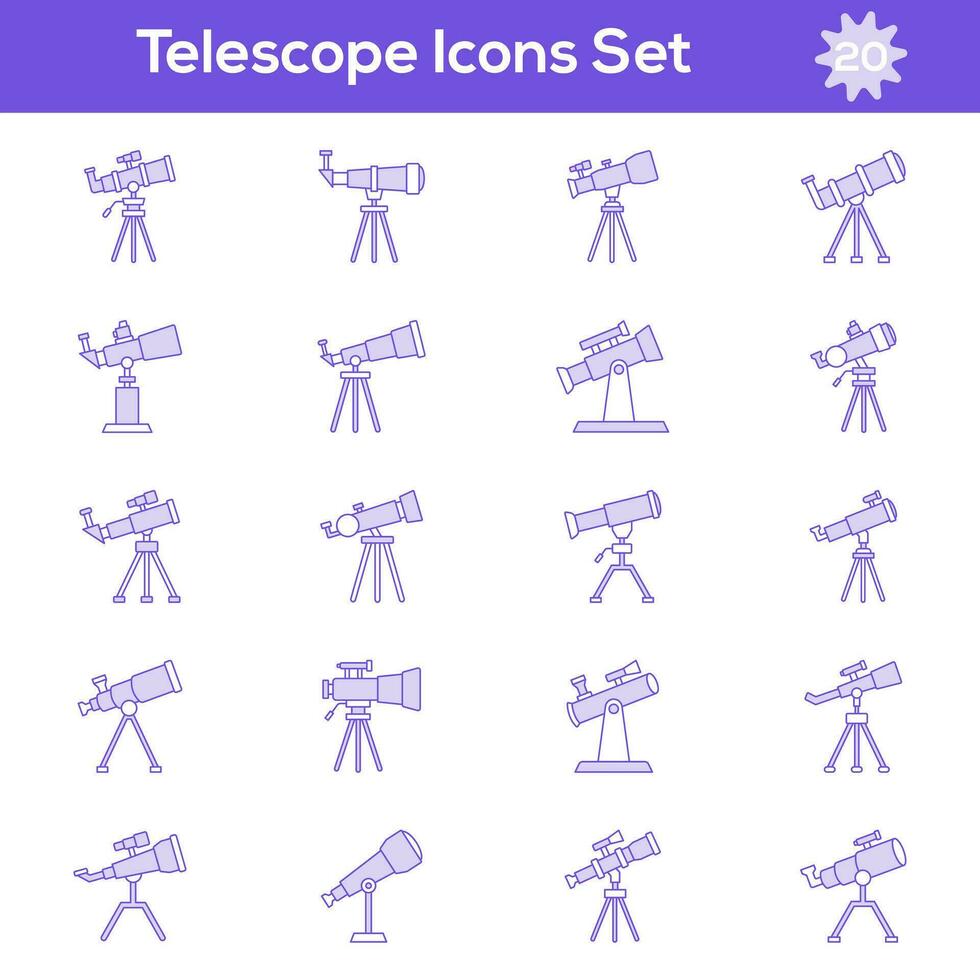 Isolated Telescope Icon Set in Purple And White Color Flat Style. vector