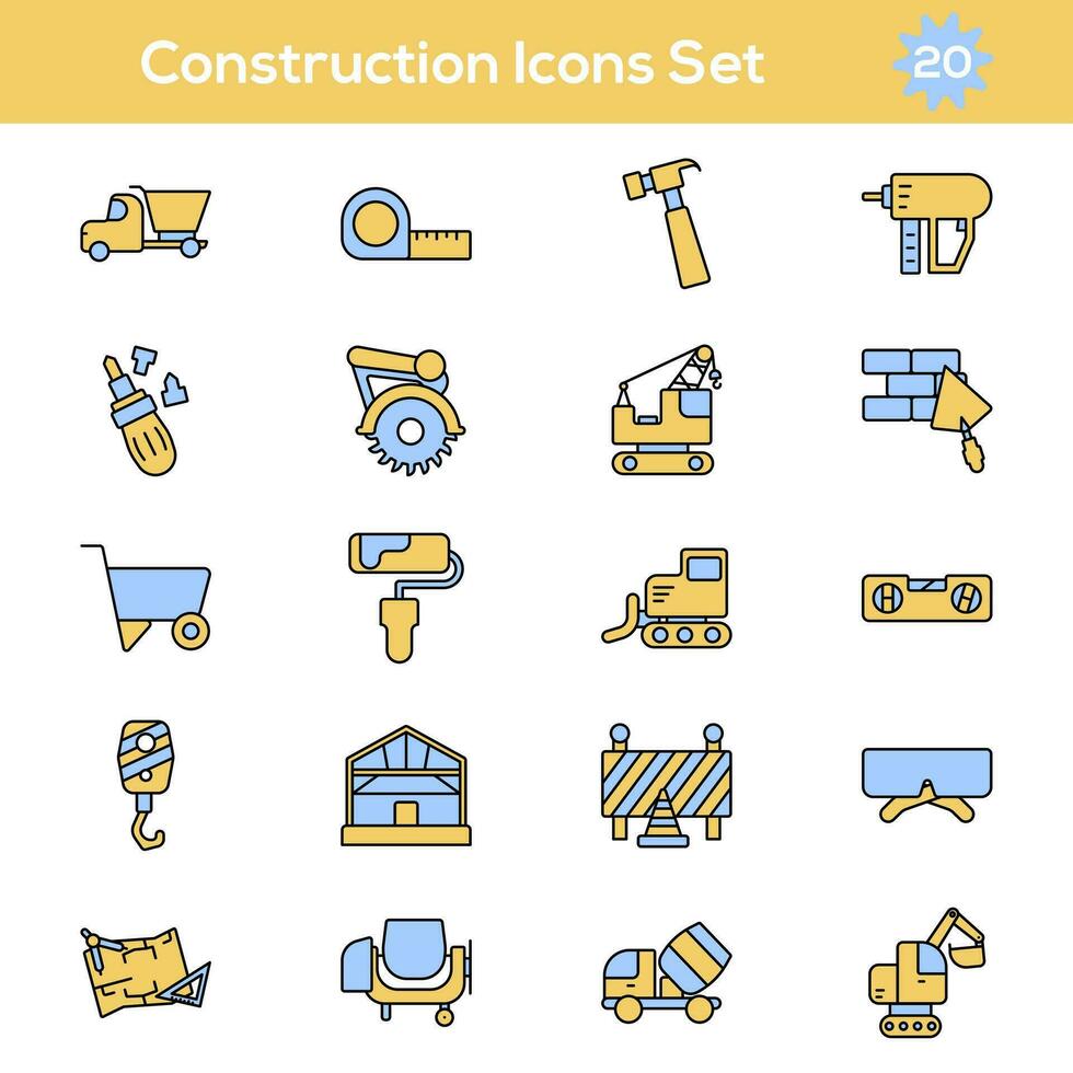 Blue And Yellow Color Set of Construction Icon In Flat Style. vector