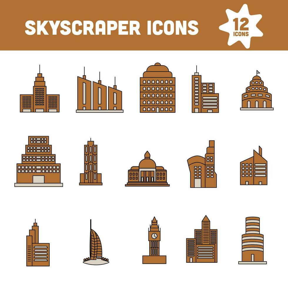 Brown Color Set of Skyscraper Icon In Flat Style. vector