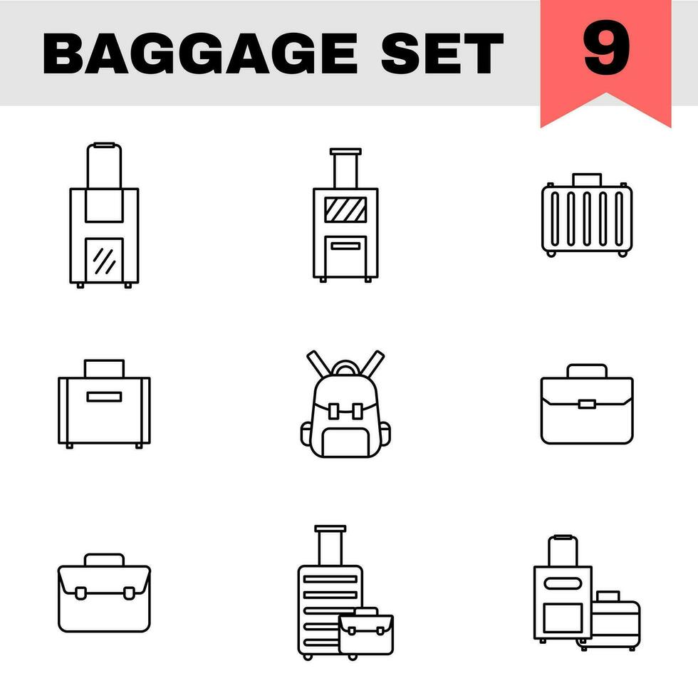 Set of Baggage Icon In Black Line Art. vector