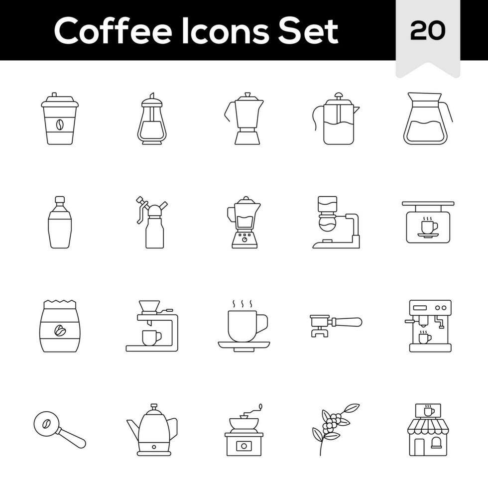 Black Line Art Set of Coffee Icon In Flat Style. vector