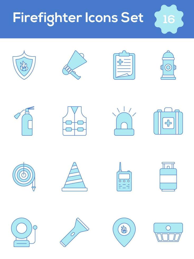 Blue And White Color Set of Firefighter Icon In Flat Style. vector