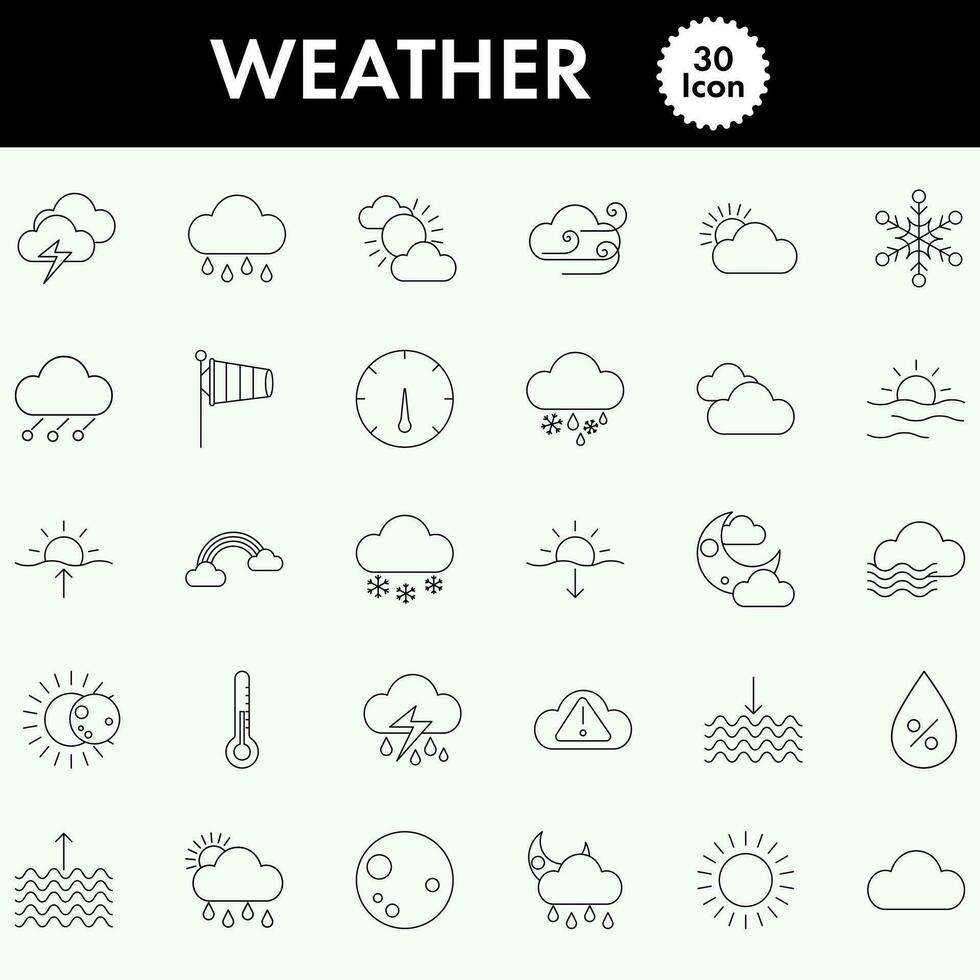 Black Linear Style Weather 30 Icons Pack. vector