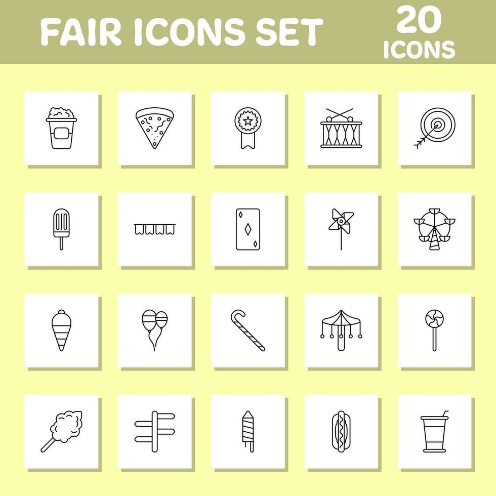 Black Line Art Set Of Fair Icons On Yellow And White Square Background. vector