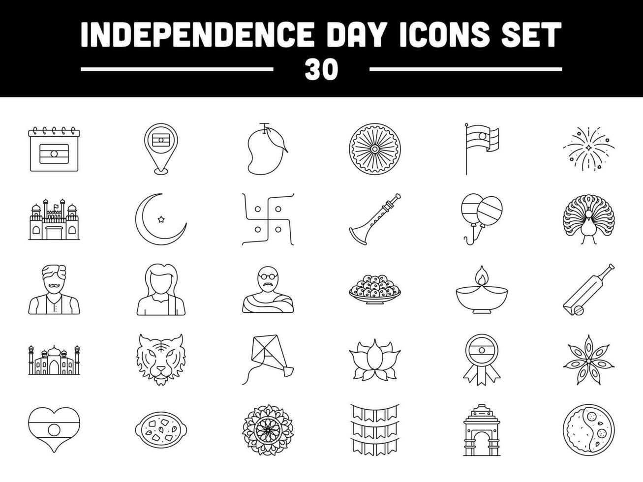 30 indio nacional símbolo o icono en negro lineal estilo. vector