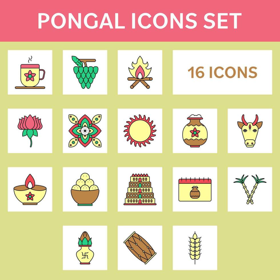 Colorful Pongal Icon Or Symbol Set. vector