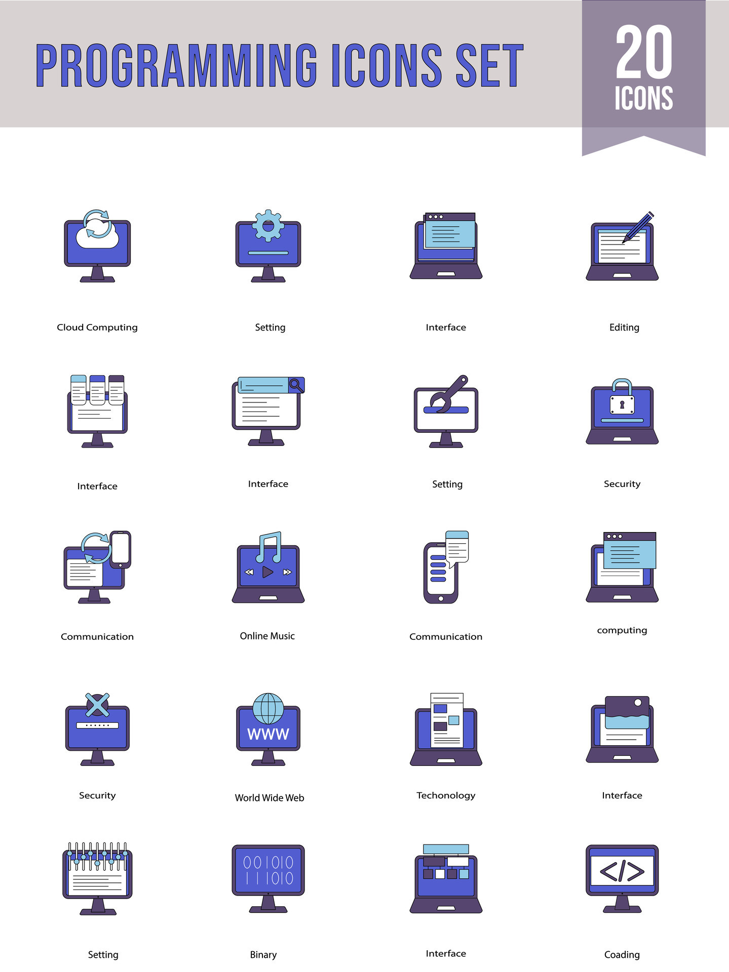 20 Programming Icon Set in Blue and White color. 24935219 Vector Art at ...