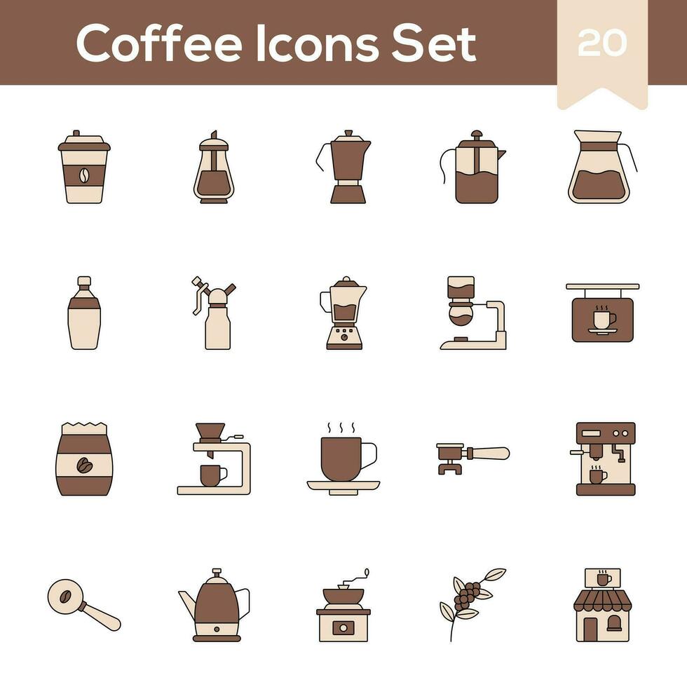 Brown Color Set of Coffee Icon In Flat Style. vector