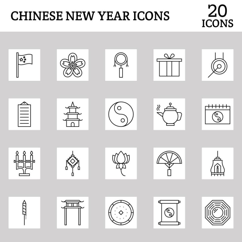 Chinese New Year Black Stroke Icon Set On Square White And Gray Background.. vector