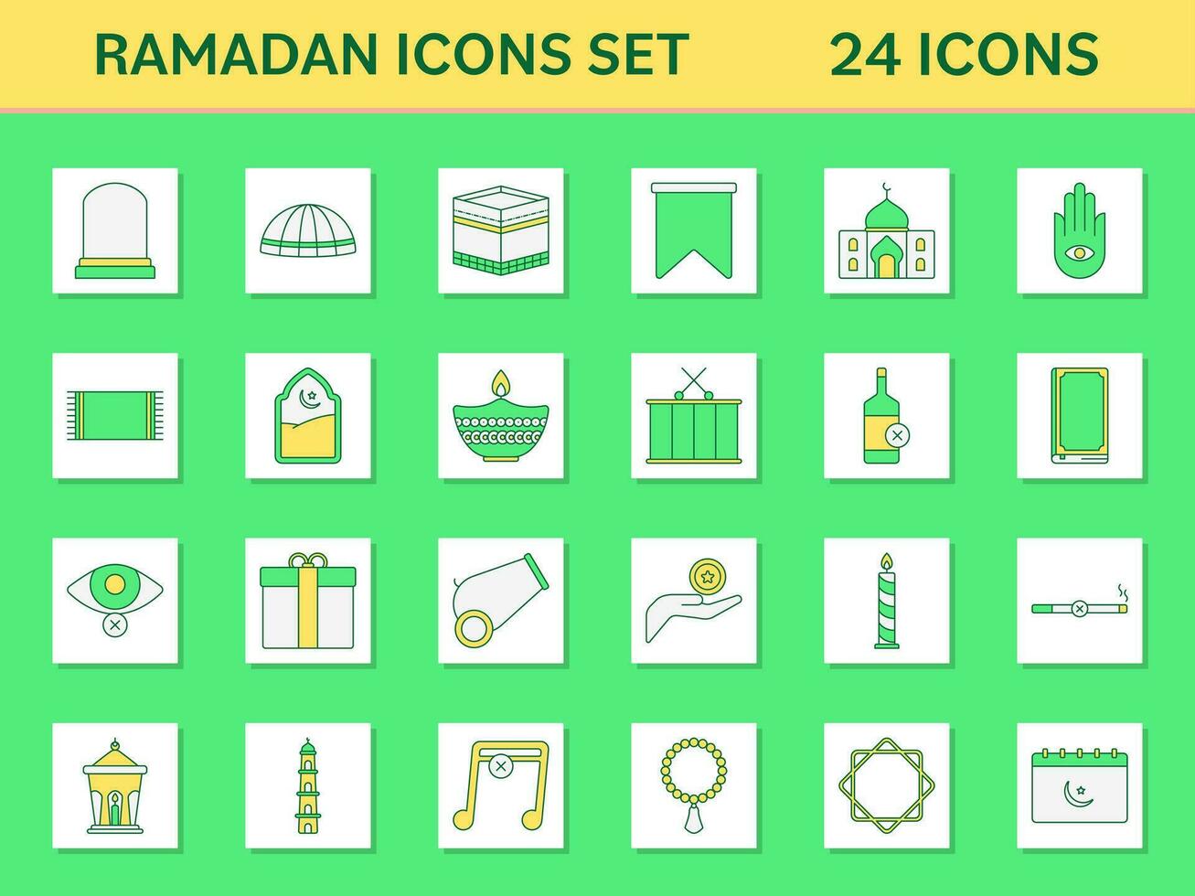 24 Ramadán icono conjunto en verde y blanco cuadrado antecedentes. vector