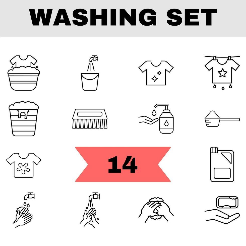 Black Line Art Illustration Of Washing Icon Set On White Background. vector