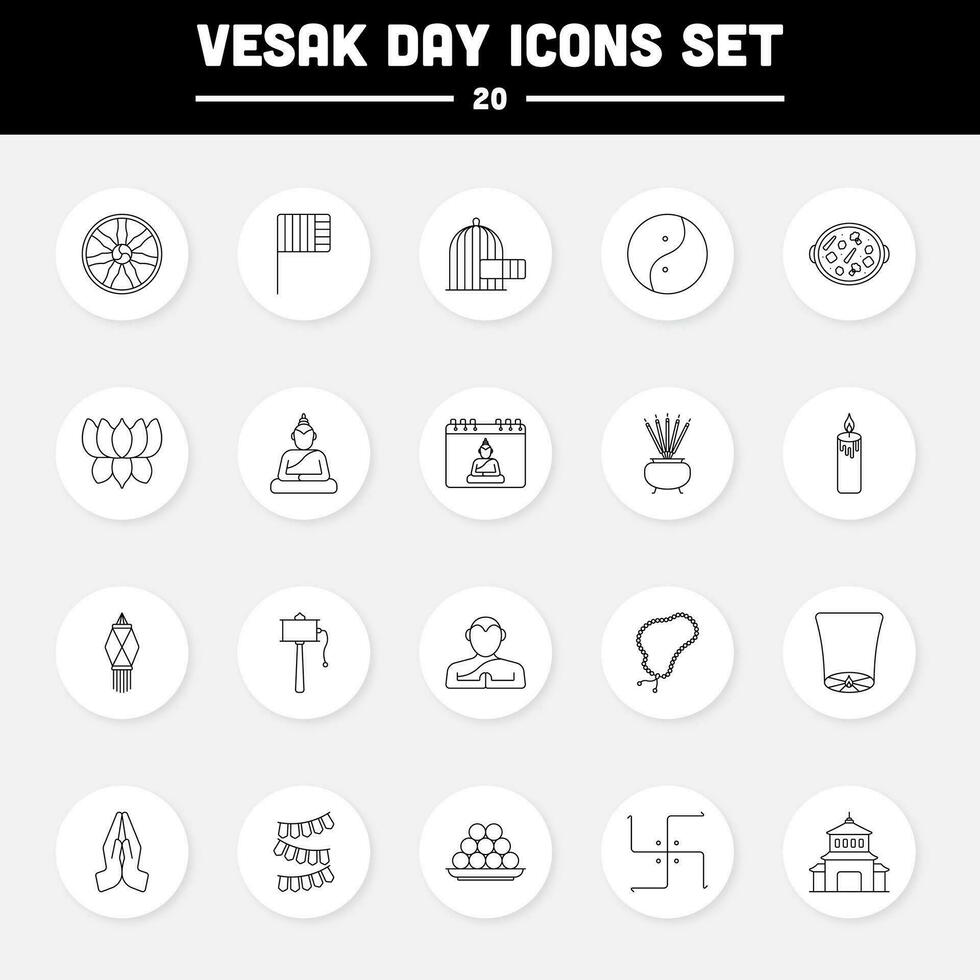 Black Linear Style 20 Vesak Day Circle Icon Set. vector