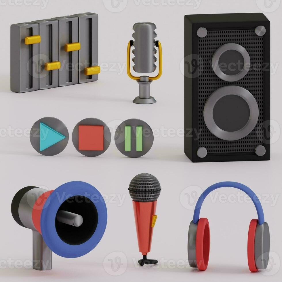 3d rendered radio set includes headset, microphone, amplifier, megaphone perfect for music design project photo