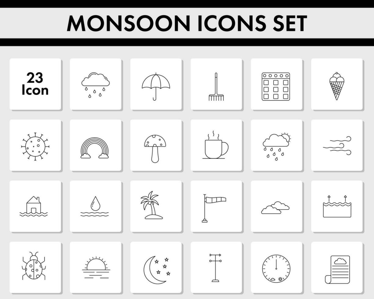Black Stroke Monsoon Square Icon Or Symbol Set. vector