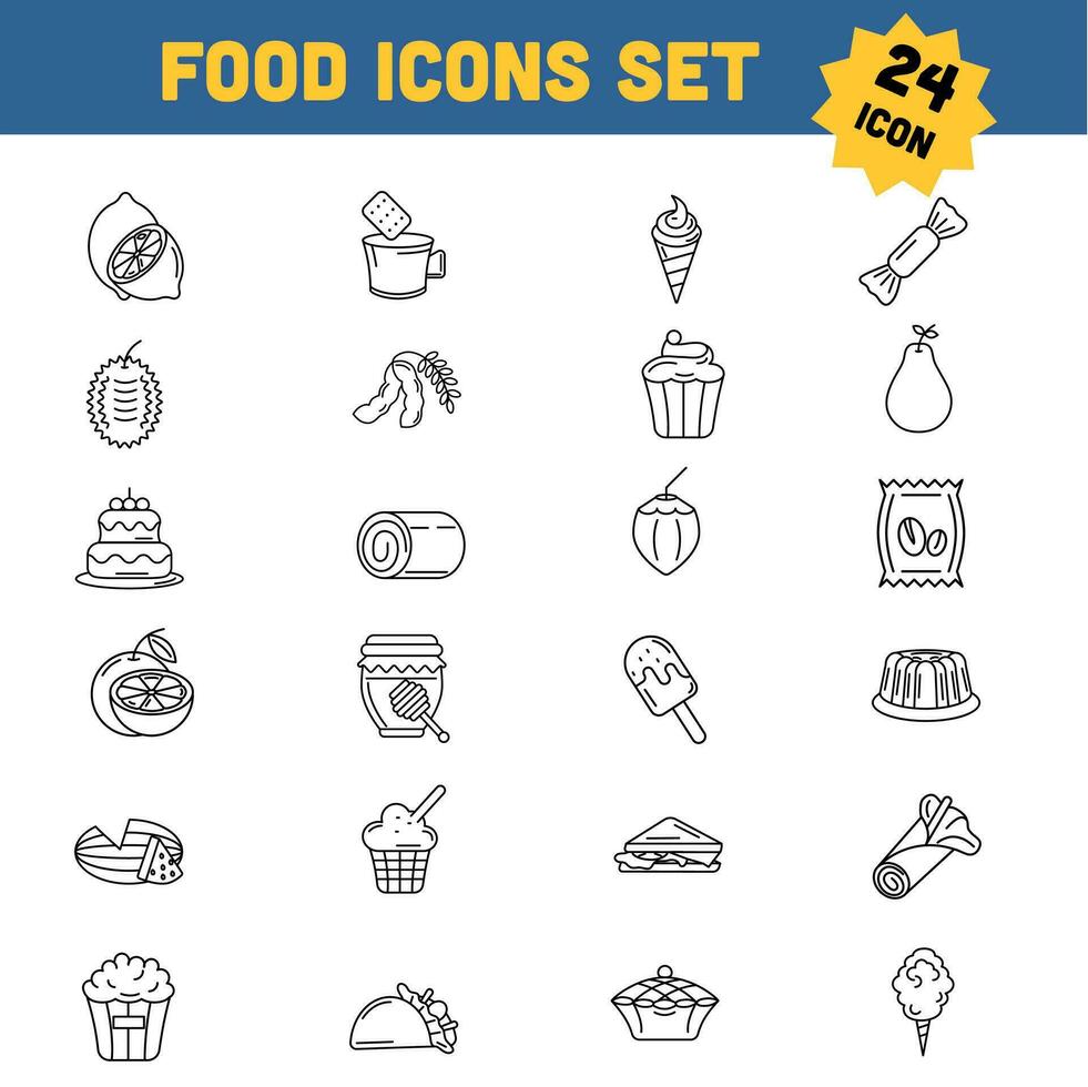 Black Line Art Illustration Of Delicious Food Icon Set. vector