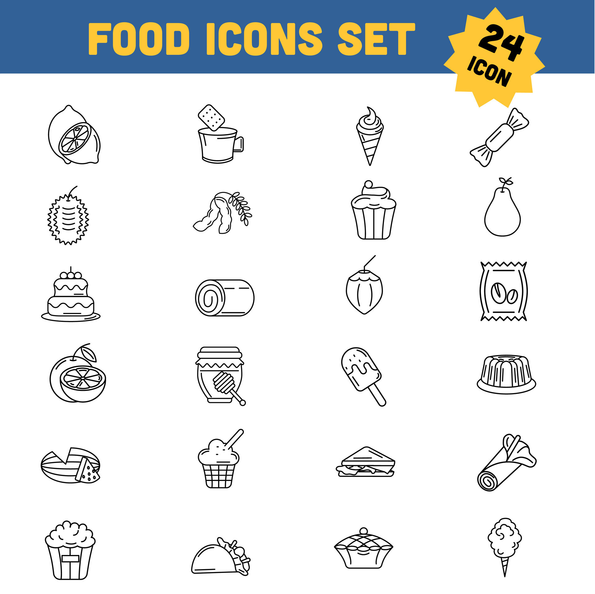 Black Line Art Illustration Of Delicious Food Icon Set. 24935583 Vector