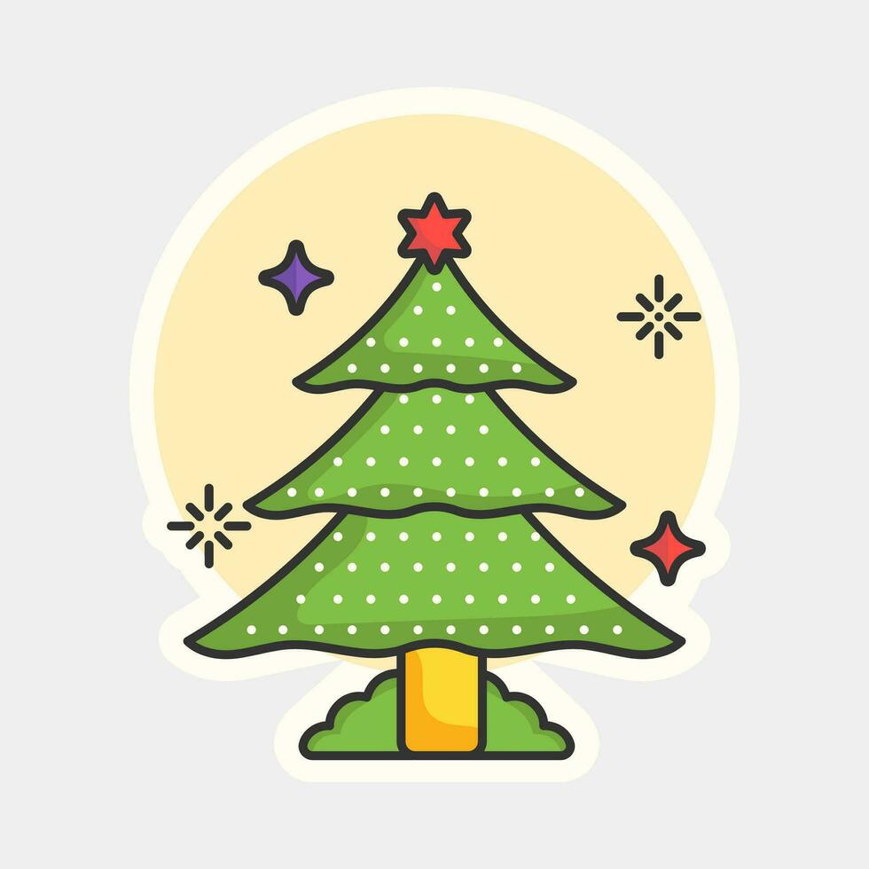 Decorated Xmas Tree Colorful Sticker Or Icon In Flat Style. vector