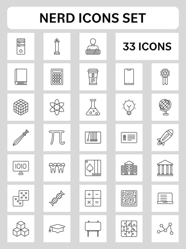 33 Nerd Line Art Icon Set On Grey And White Square Background. vector