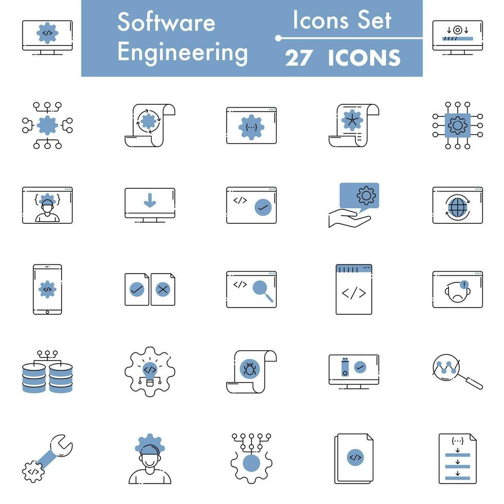 Blue And White Color Set of Software Engineering Icon In Flat Style. vector