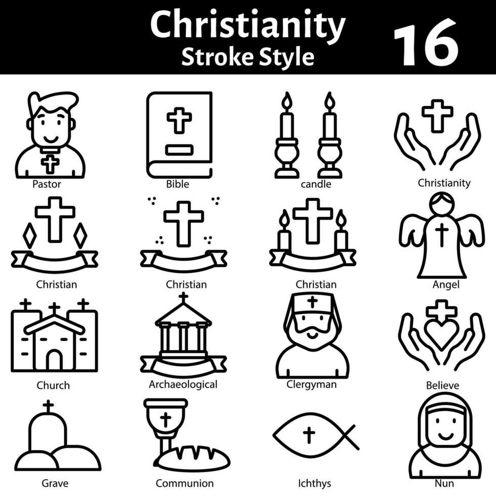 Stroke Style Christianity Icon Set On White Background. vector