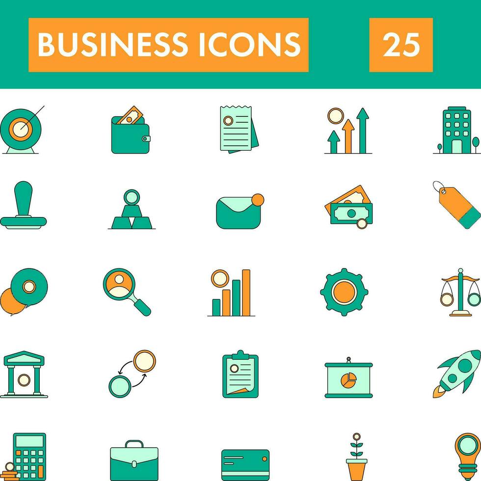 Business Icon Set In Green And Orange Color. vector