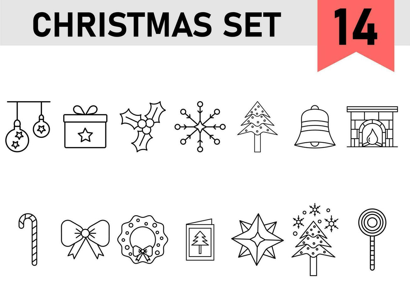 14 Christmas Icon in Black Line Art on White Background. vector