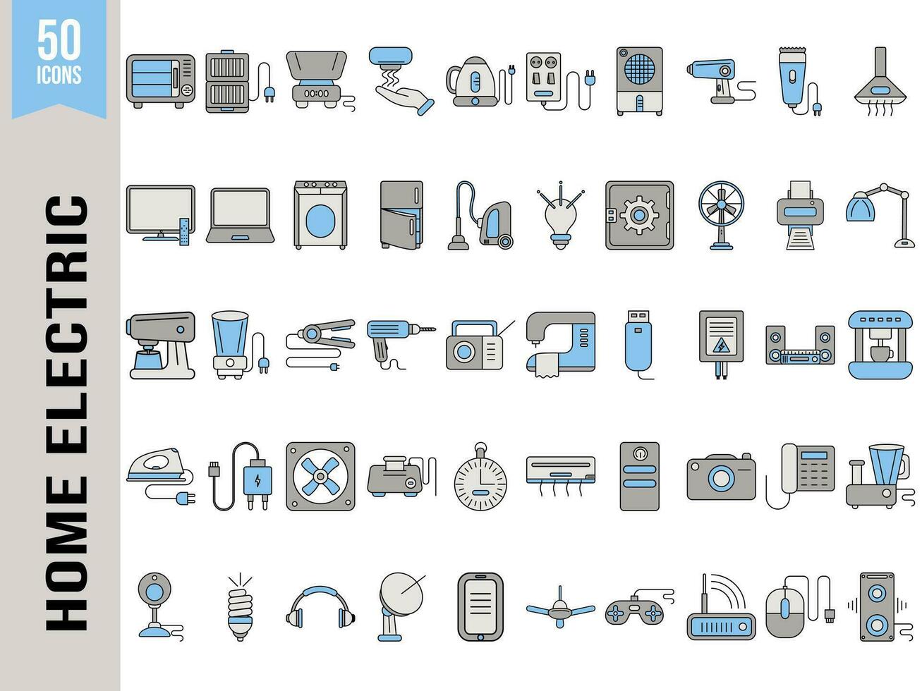 Set of Home Electric Appliance Icon in Grey and Blue Color. vector