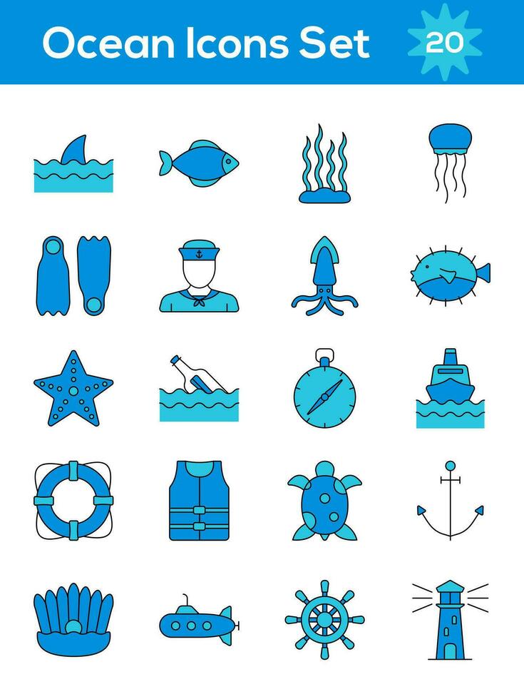 Blue Color Ocean Icon Set On White Background. vector