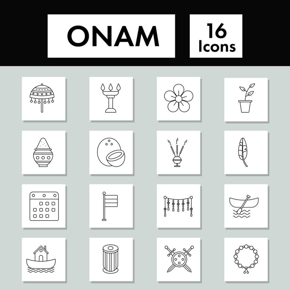 Black Linear Style Onam Festival Icon Or Symbol Set. vector