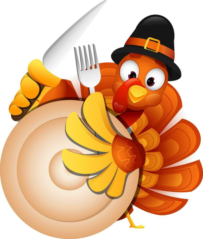 Illustration of turkey bird wearing pilgrim hat with holding plate, fork and knife on white background. Can be used as Thanksgiving greeting card design. vector