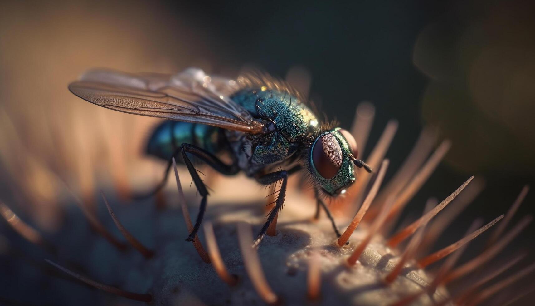 Small housefly on green leaf, extreme close up generated by AI photo