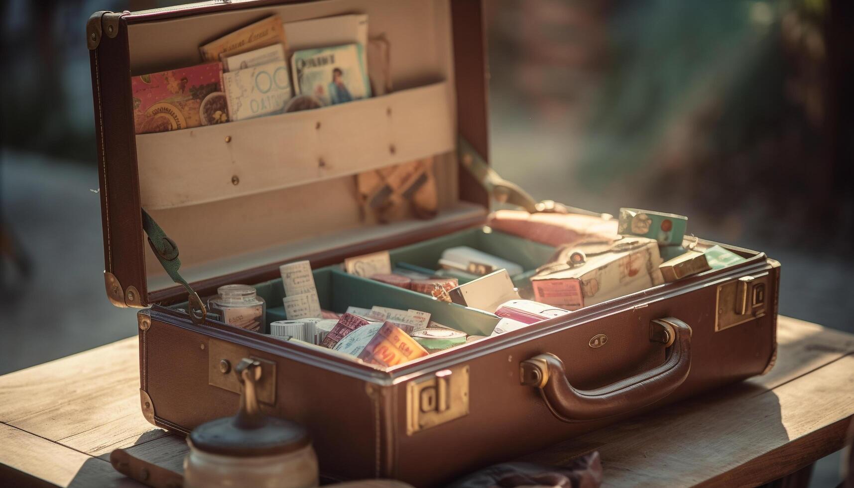 Antique leather suitcase on old furniture shelf generated by AI photo