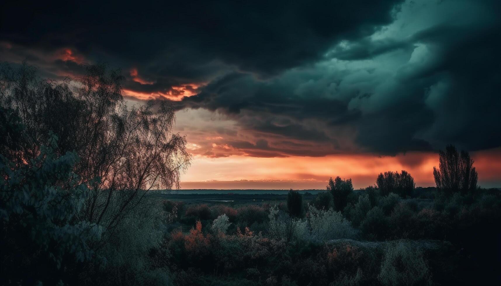 Silhouette of trees against dramatic sky at dusk generated by AI photo