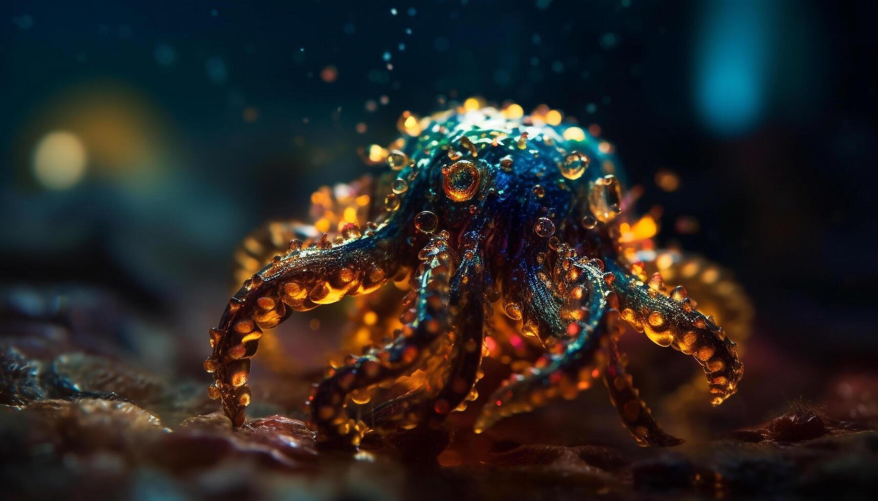 Multi colored octopus tentacle glows in dark water generated by AI photo