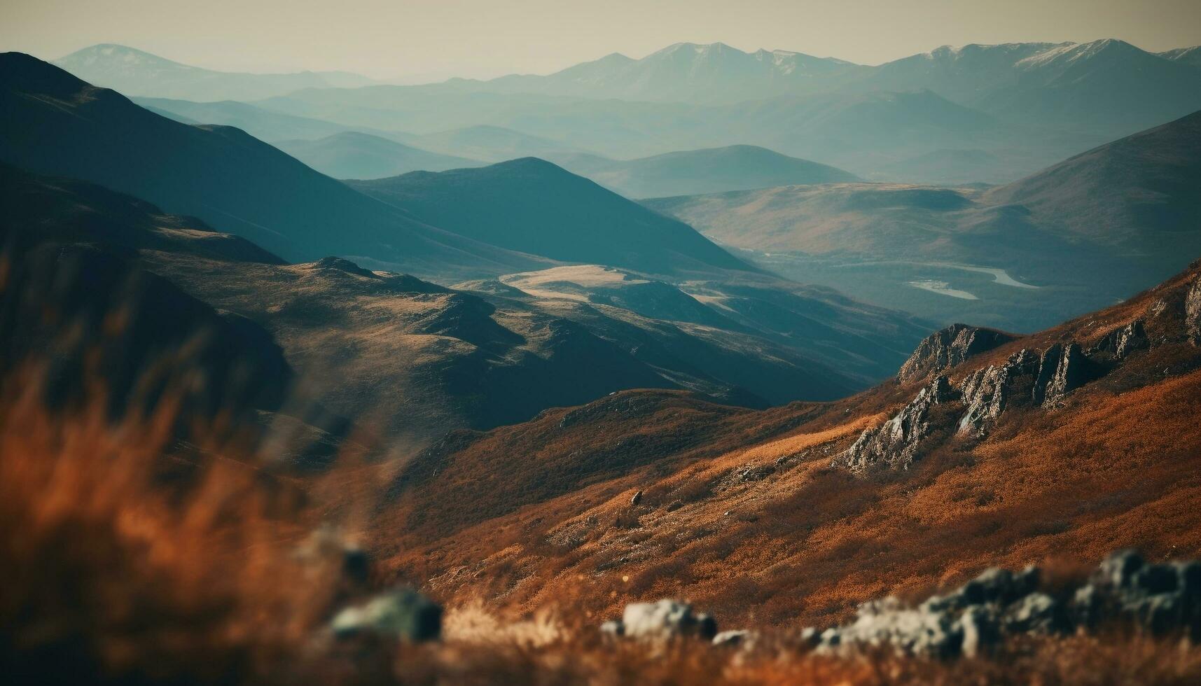 Majestic mountain peak, tranquil meadow, serene beauty generated by AI photo