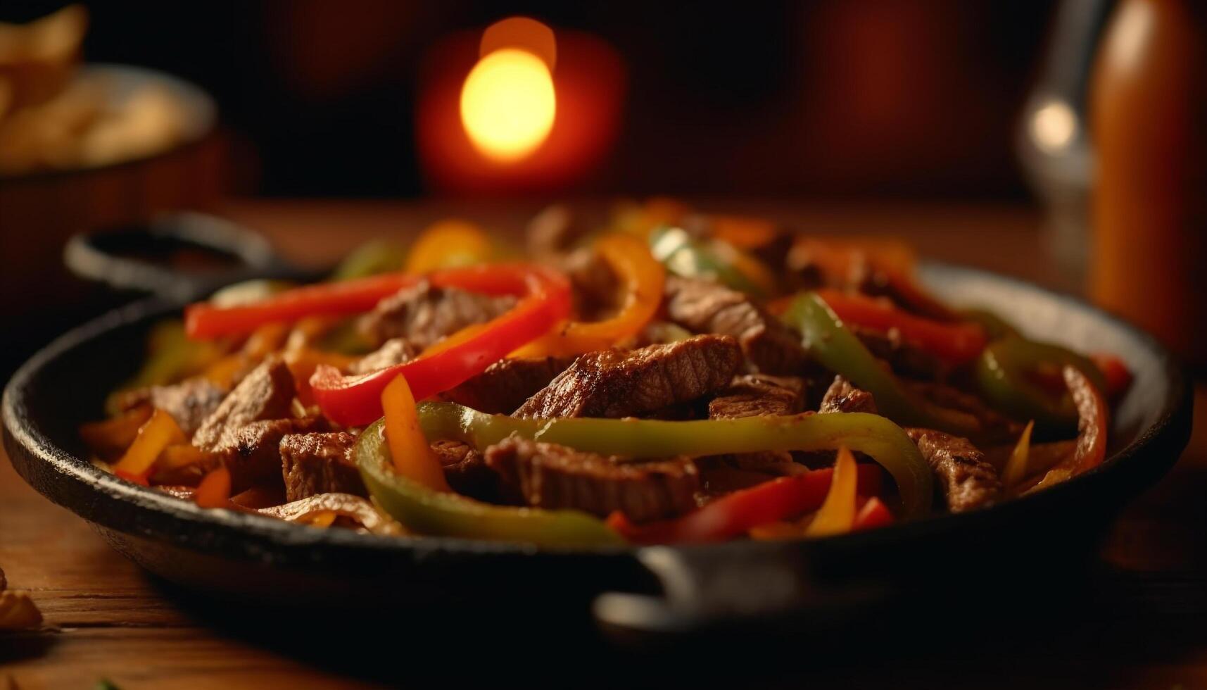 A la parrilla carne y vegetales en rústico plato generado por ai foto