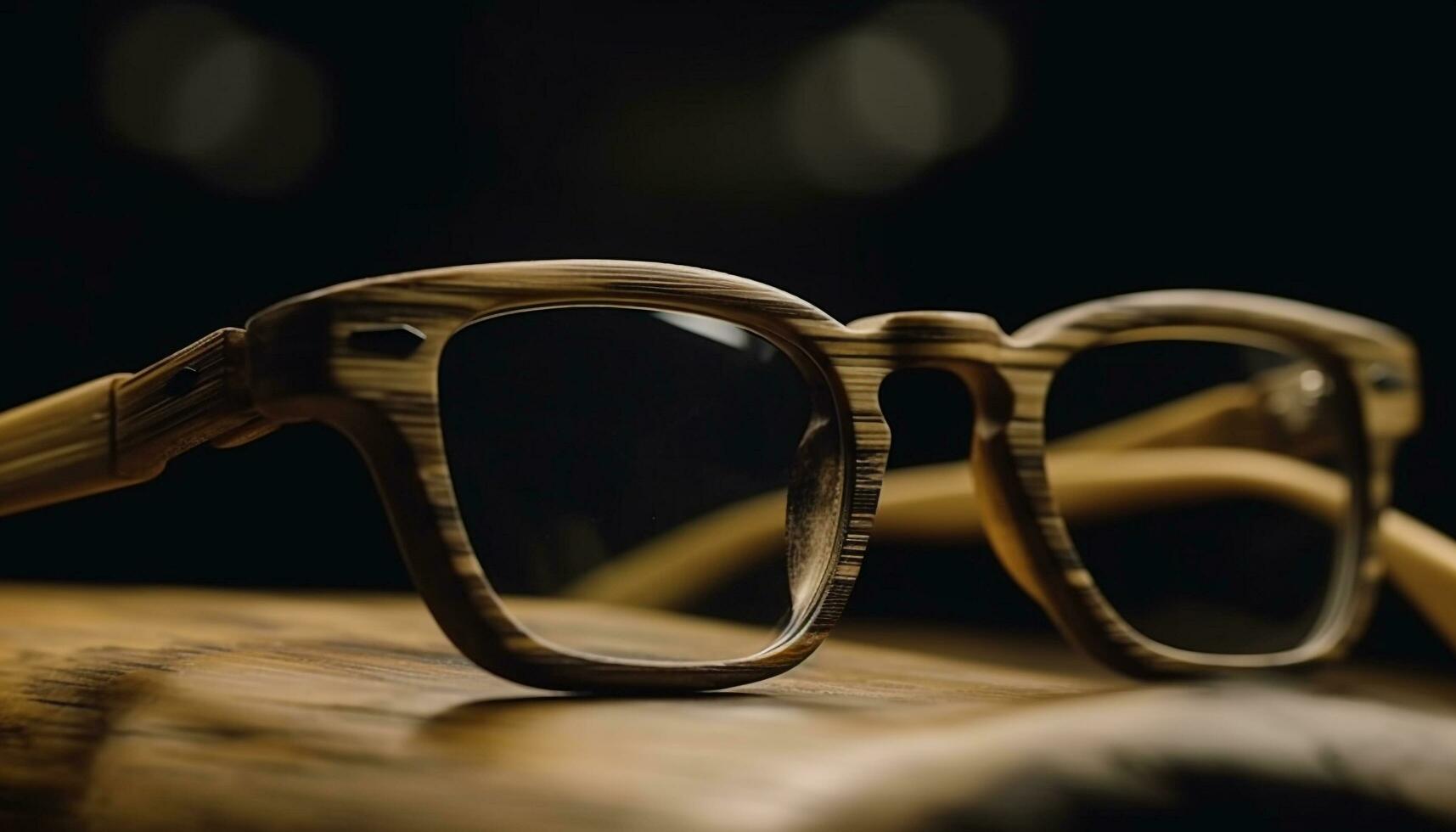 Elegant eyewear on wooden table, reflecting summer generated by AI photo