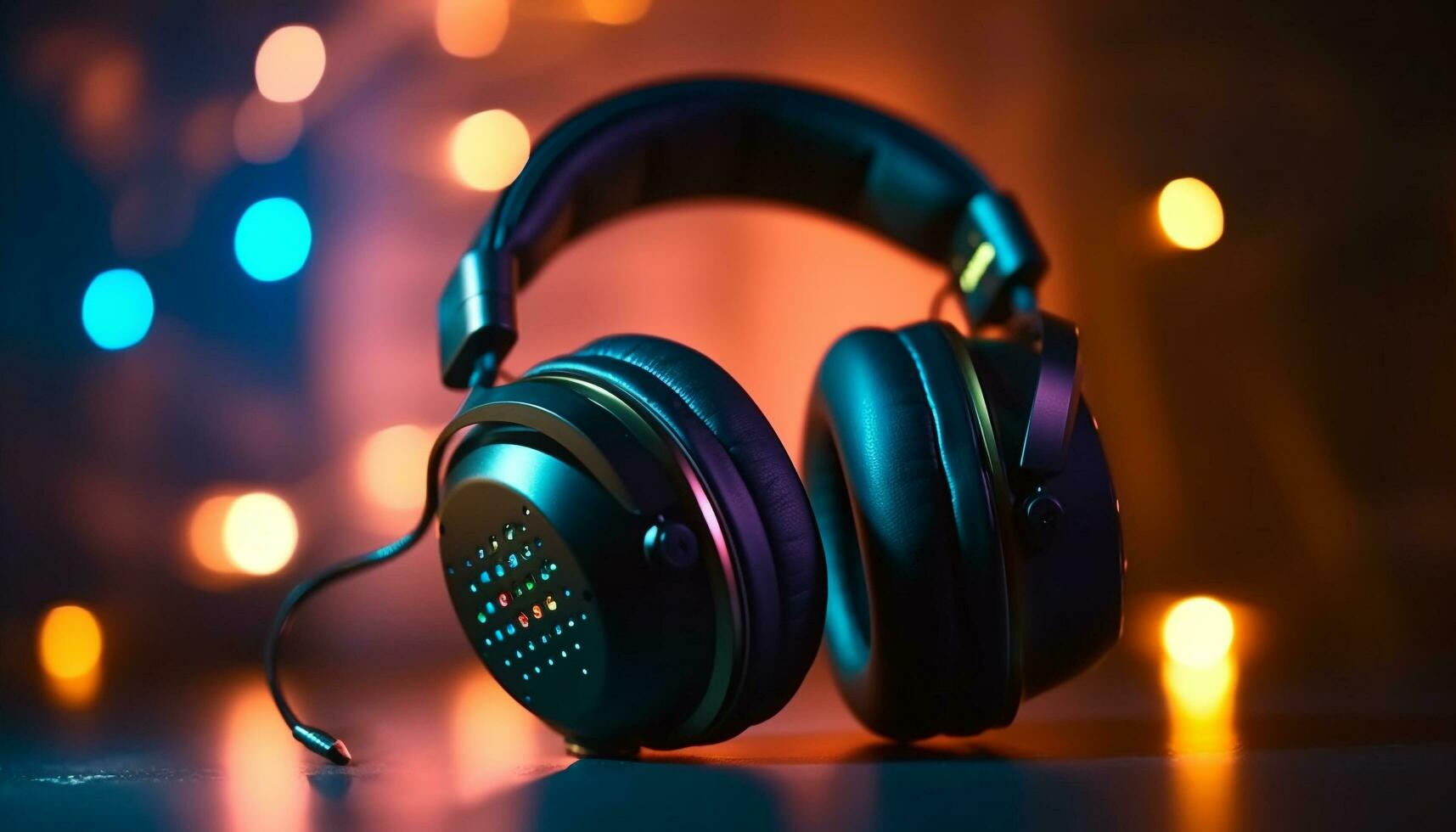 Glowing headphones illuminate the vibrant nightclub scene generated by AI photo