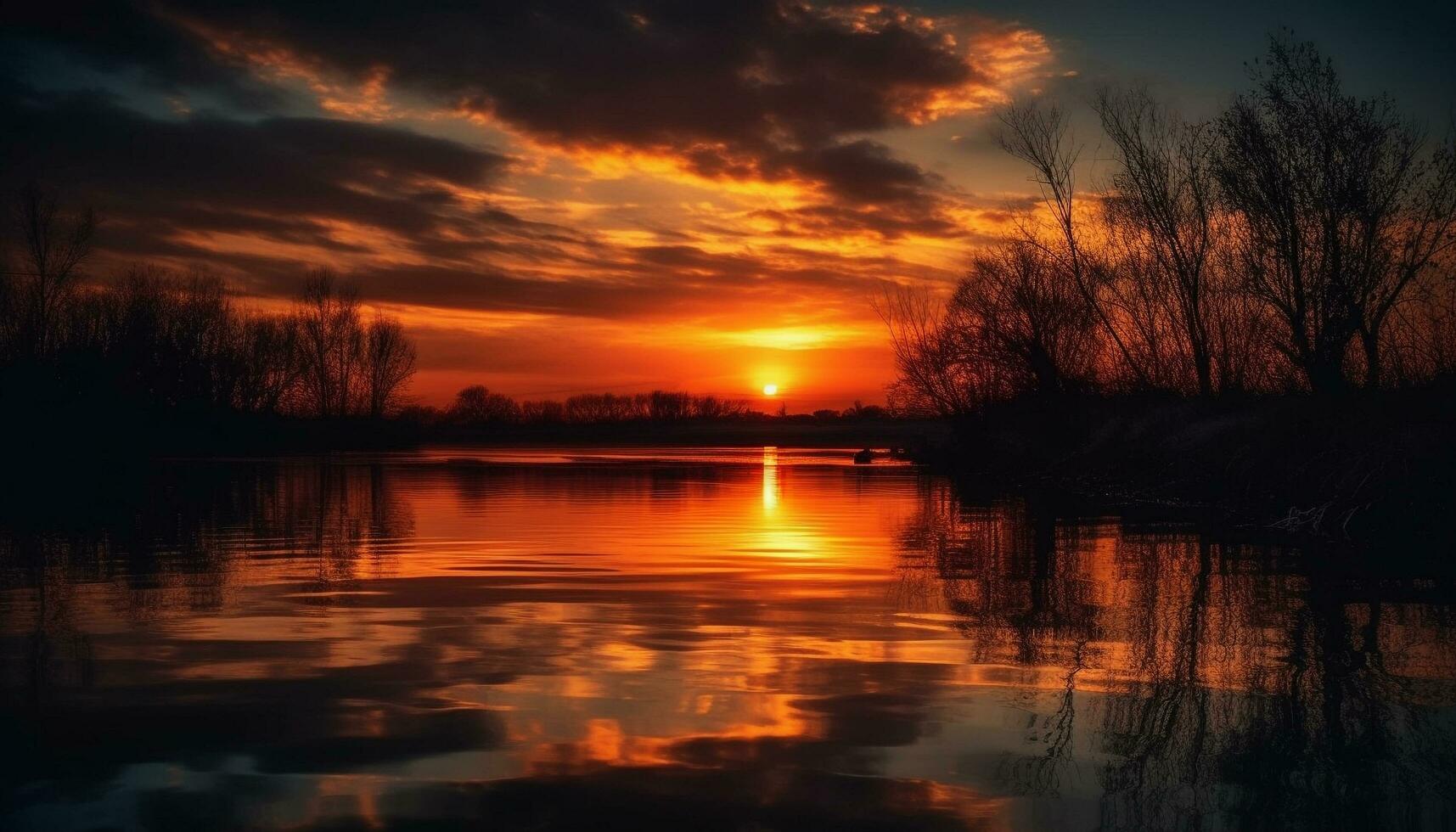 Golden sun sets over tranquil water reflection generated by AI photo