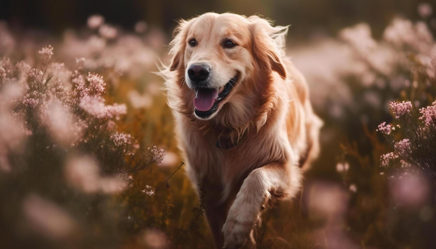 Smiling puppy plays in meadow with flowers generated by AI photo