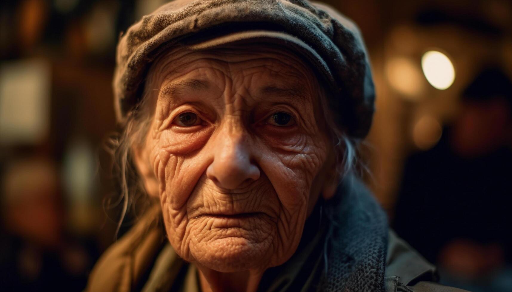 uno arrugado mujer sonriente, envejecimiento graciosamente al aire libre generado por ai foto