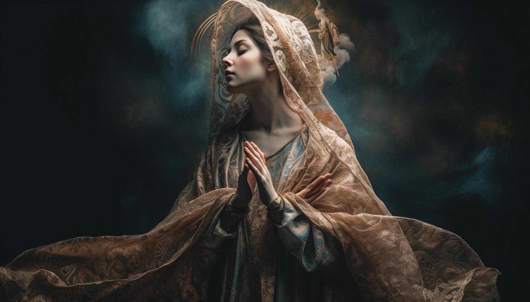 One woman praying in dark gothic studio generated by AI photo