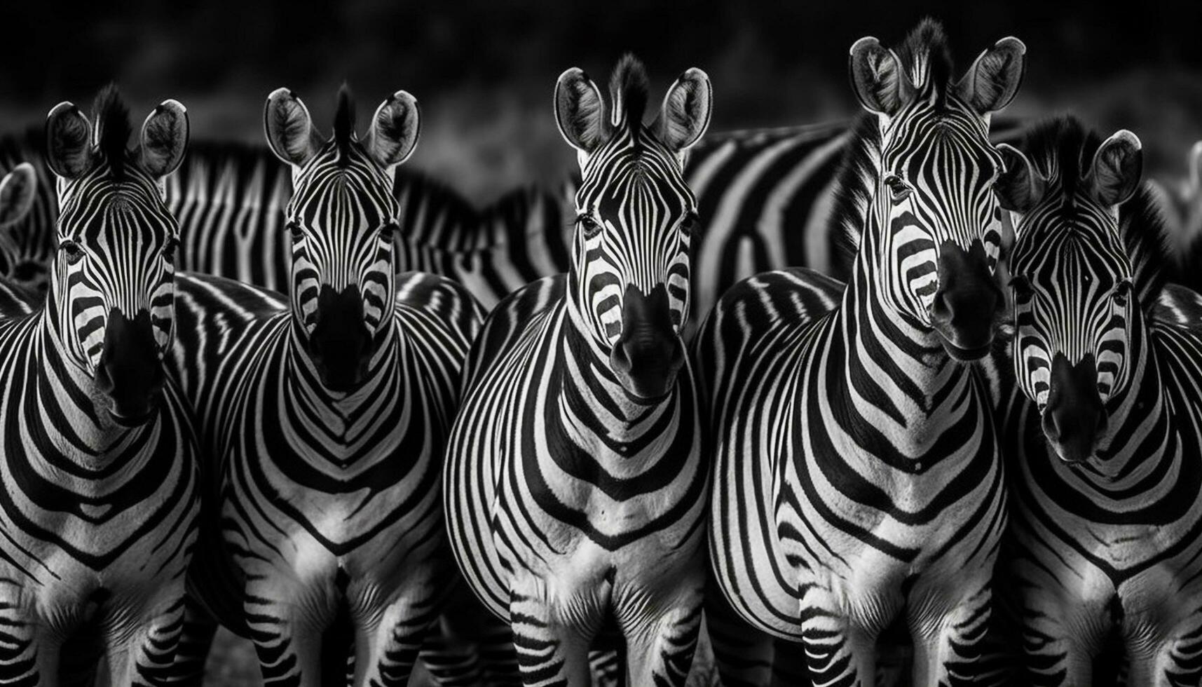 Striped zebra herd in monochrome savannah beauty generated by AI photo