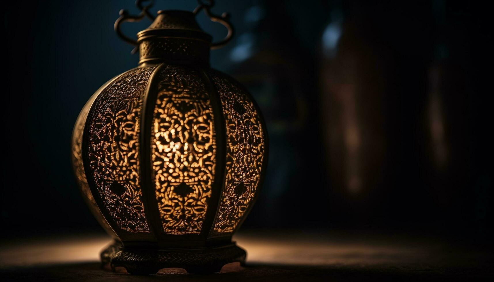 Ornate antique lantern illuminates dark Arabic night generated by AI photo