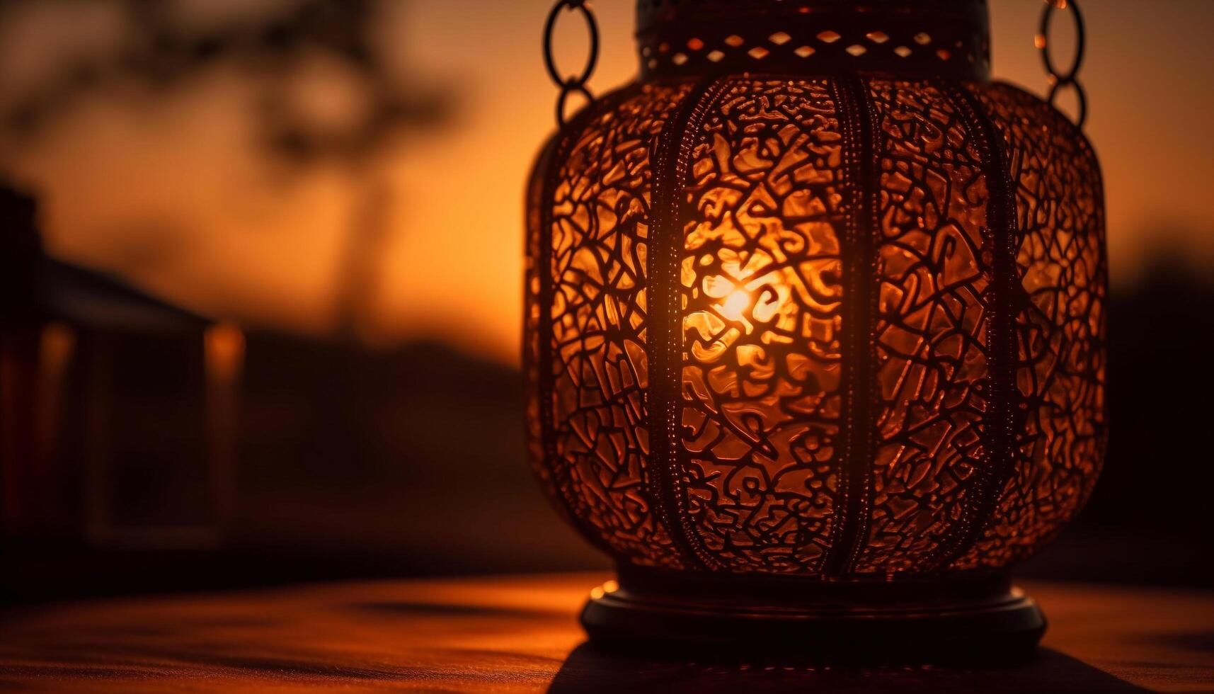 Antique lantern glowing in dark Arabic night generated by AI photo