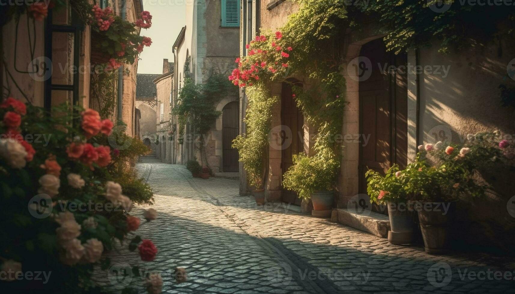 Medieval architecture blooms in old Italian city streets generated by AI photo