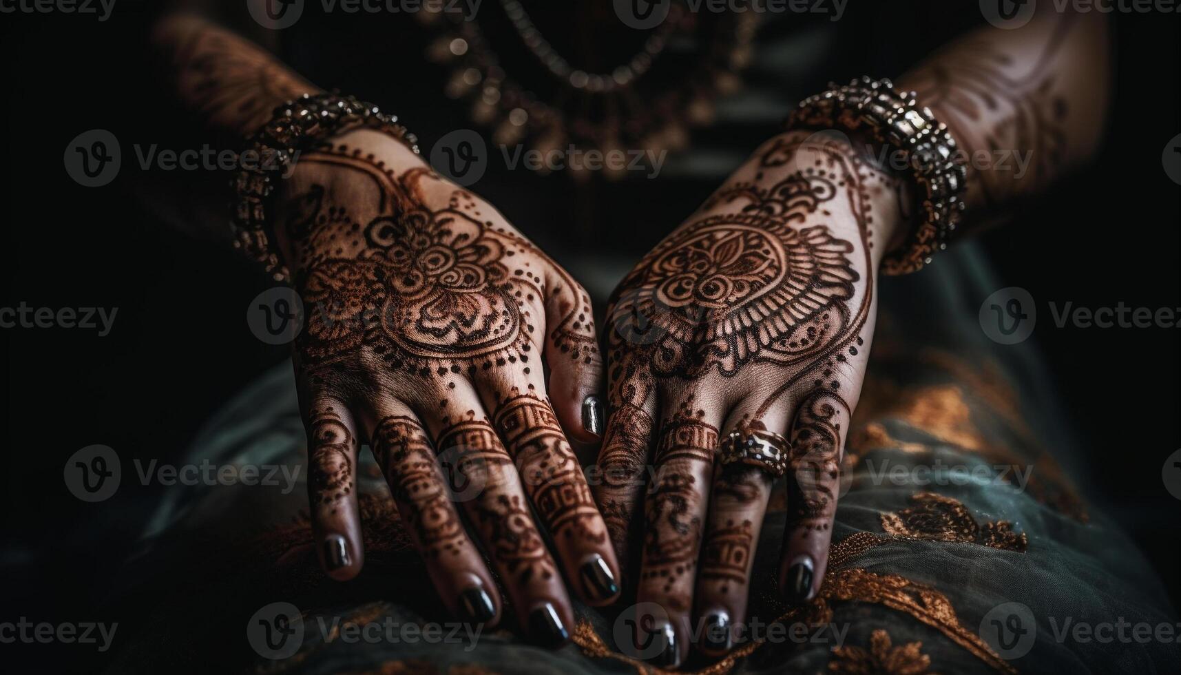 Elegant bride henna tattoo showcases Indian culture generated by AI photo