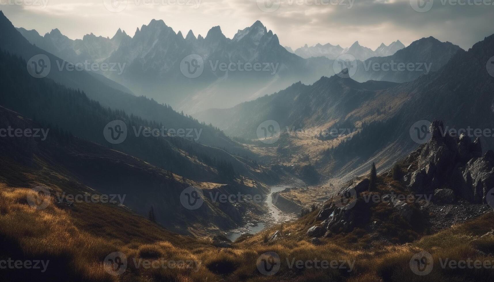 Majestic mountain range, tranquil meadow, mysterious wilderness generated by AI photo